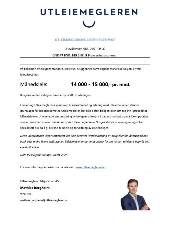 Leieprisestimat for mulig utleie deler av U. etasje - Ullevålsveien 98E. Galleribilde