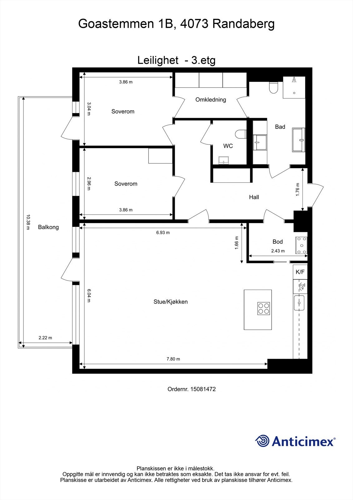Leiligheten har en effektiv planløsning på 117 m² BRA, med to soverom, walk-in-closet og en sosial, åpen sone for stue og kjøkken. Galleribilde
