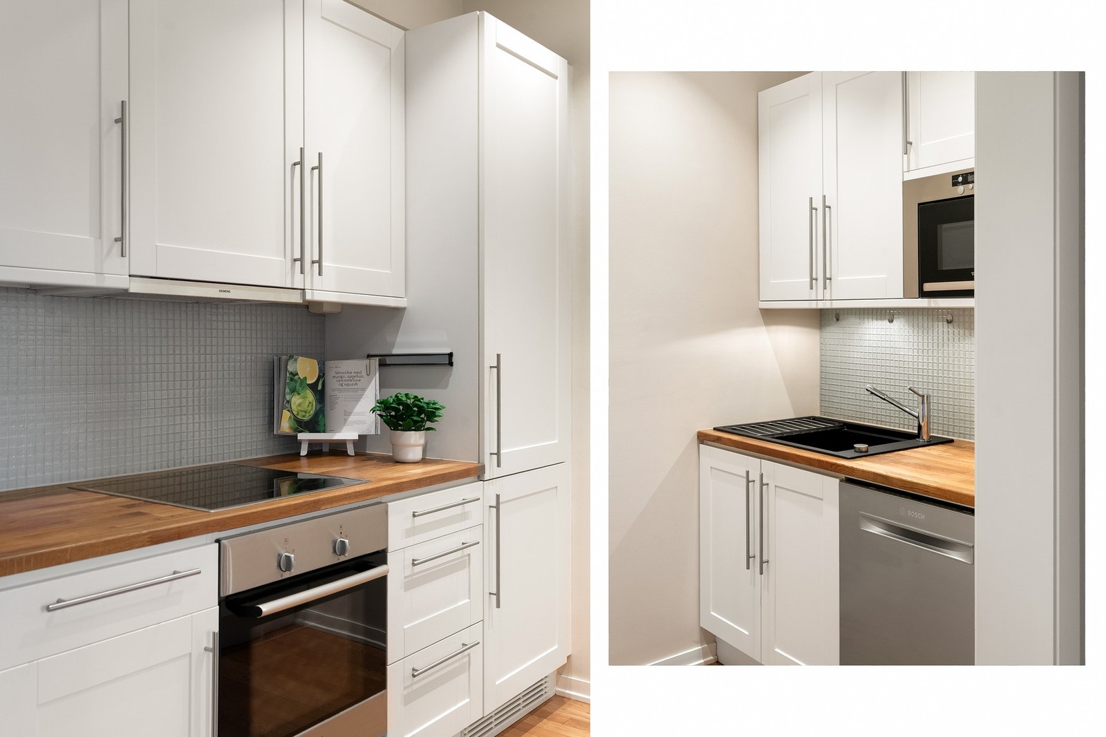 Komfyr, stekeovn og oppvaskmaskin fra Bosch og mikrobølgeovn fra Whirlpool. Galleribilde