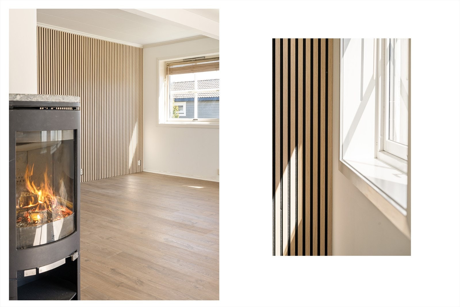 En elegant spilevegg danner en flott fondvegg mot kjøkkenet og tilfører rommet et tidsriktig og stilrent uttrykk. Samtidig sørger en moderne, rentbrennende Jøtul peisovn med store glassflater for både effektiv oppvarming og en lun, atmosfære til rommet. Galleribilde