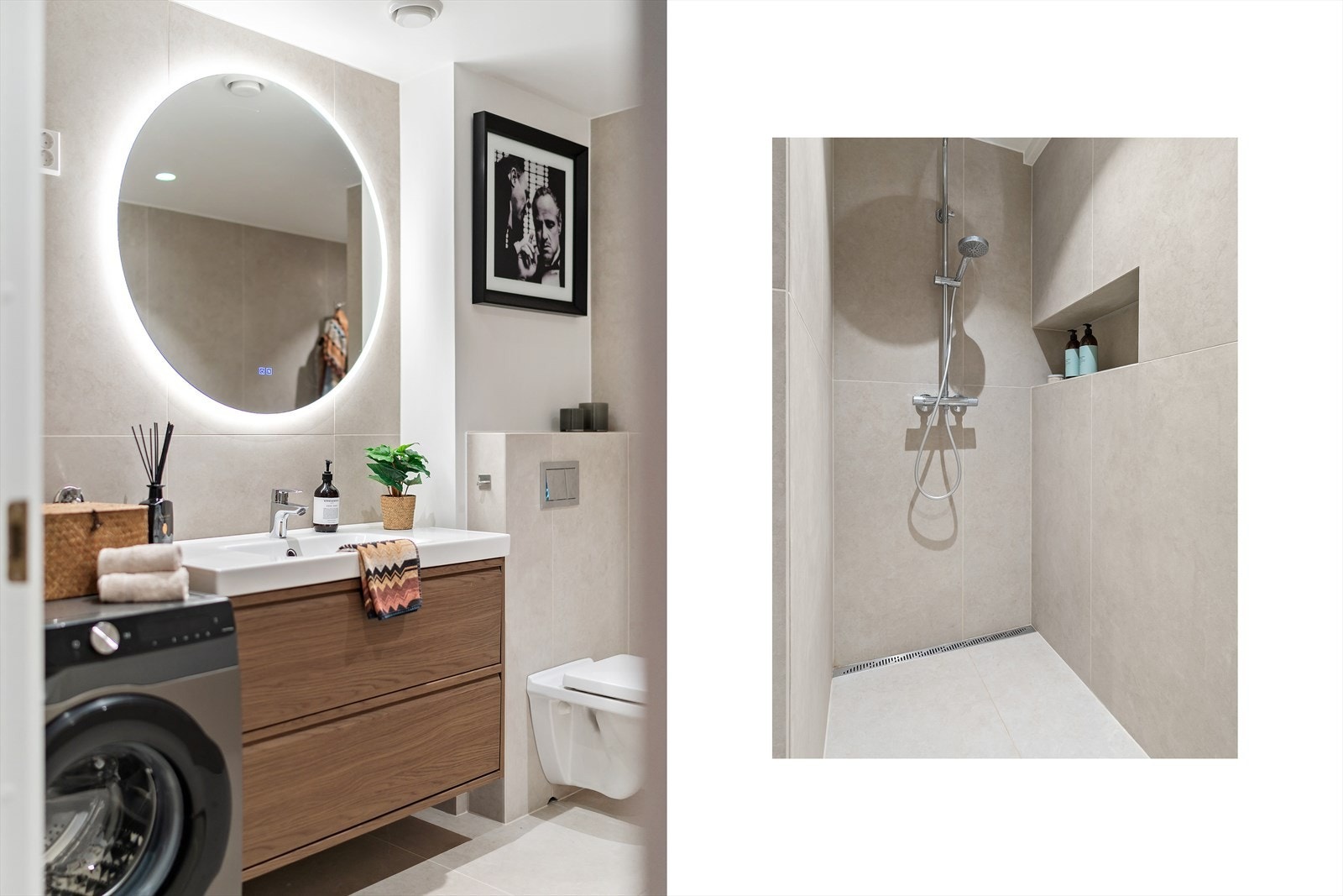 Badet er innredet med nedfelt servant med rom for oppbevaring i skuffer, rundt speil med belysning, vegghengt toalett og dusjnisje med regndusjarmatur. Det er opplegg for vaskemaskin. Galleribilde