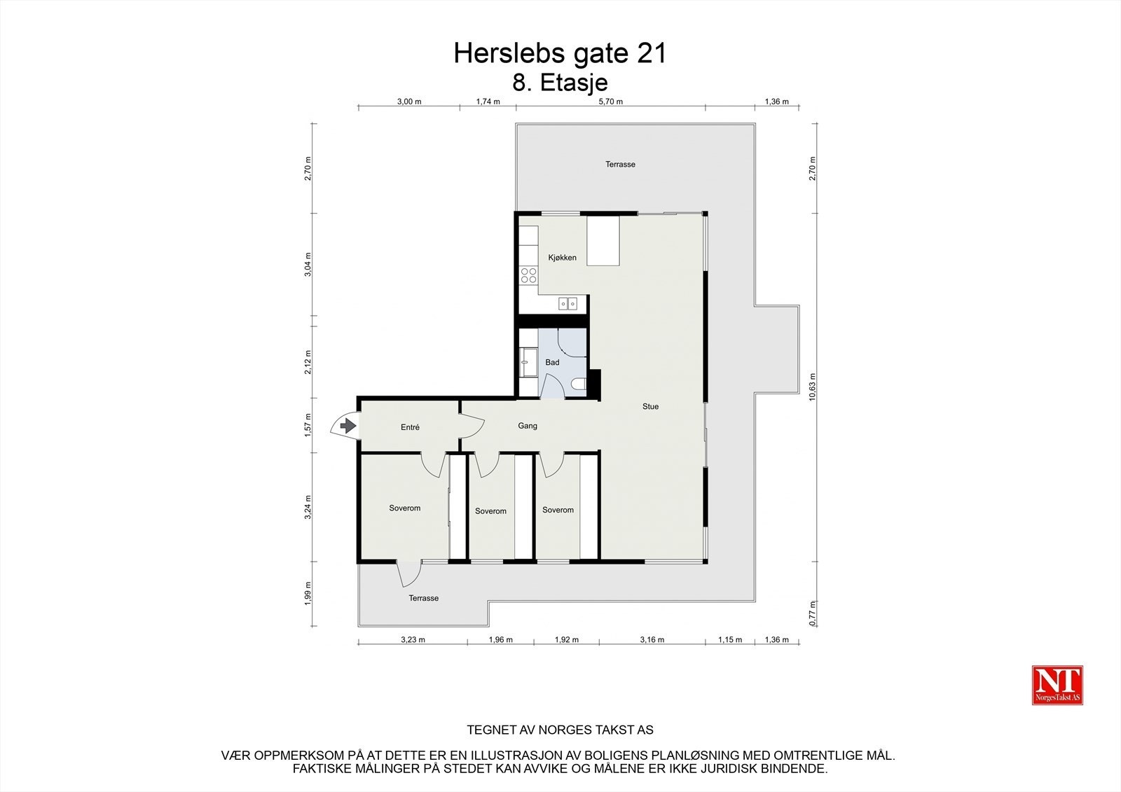 Denne gjennomgående toppleiligheten har en ideell planløsning med tre soverom på rad med tilkomst fra entrèen og en stor og sosial stue-kjøkken sone. Galleribilde