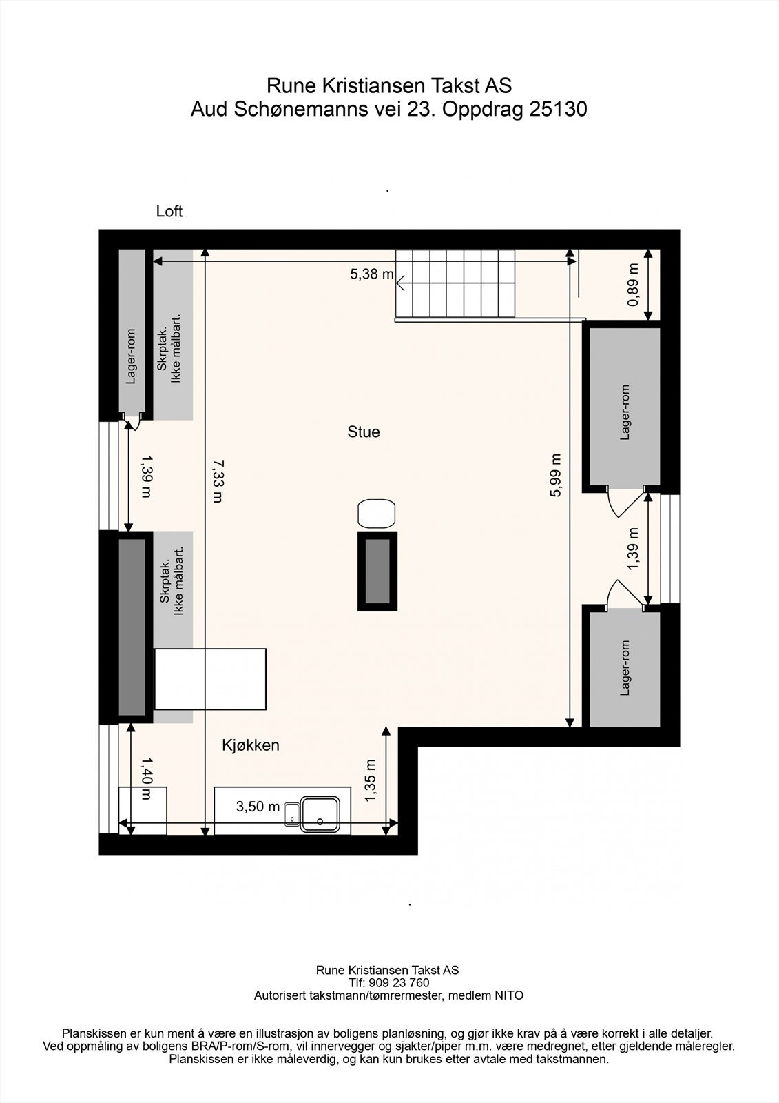 Plantegning loft med mål fra takstmann. Galleribilde