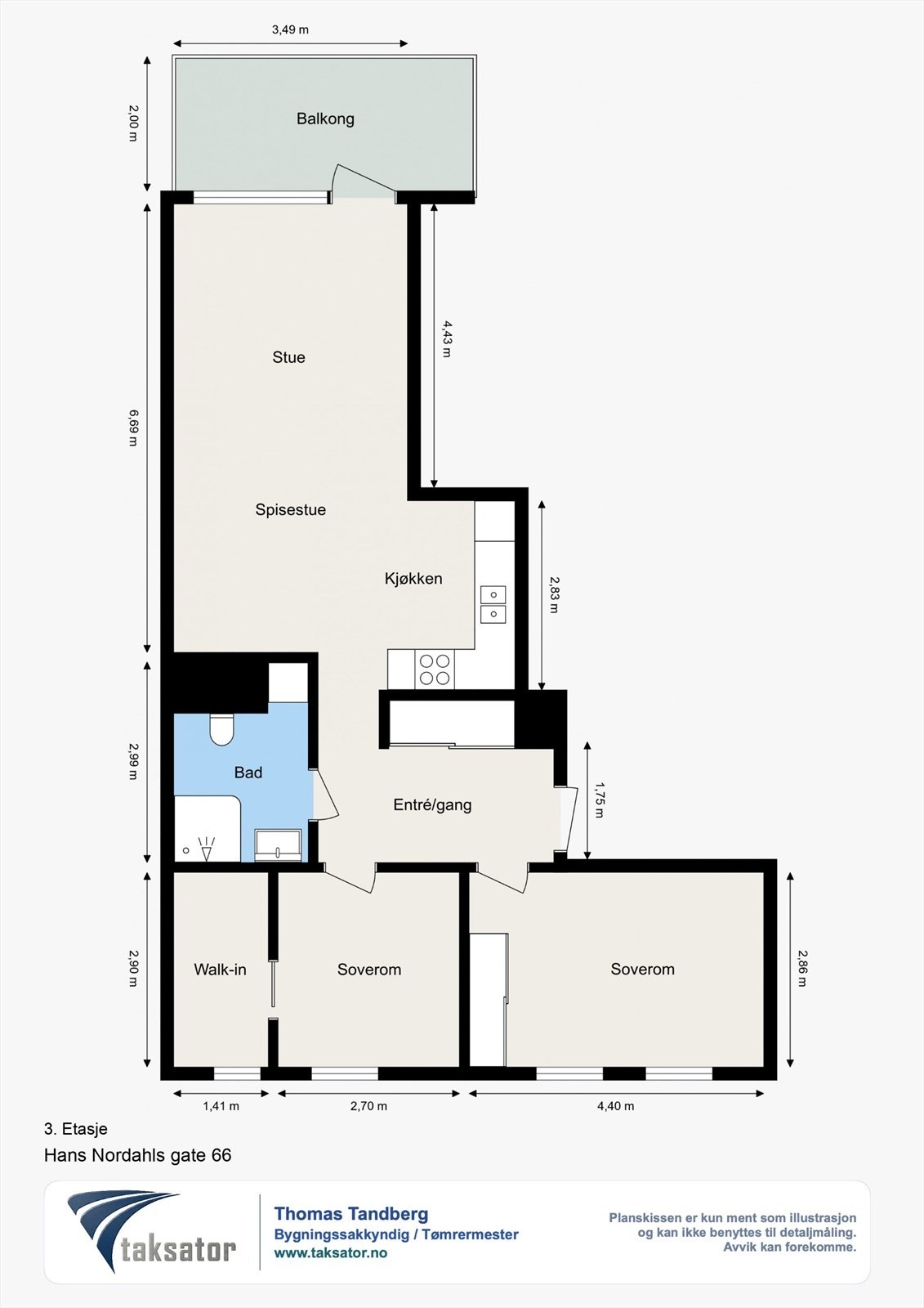 Leilighet i 3. etasje og inneholder: Entré, bad, stue/kjøkken og 2 soverom. Galleribilde