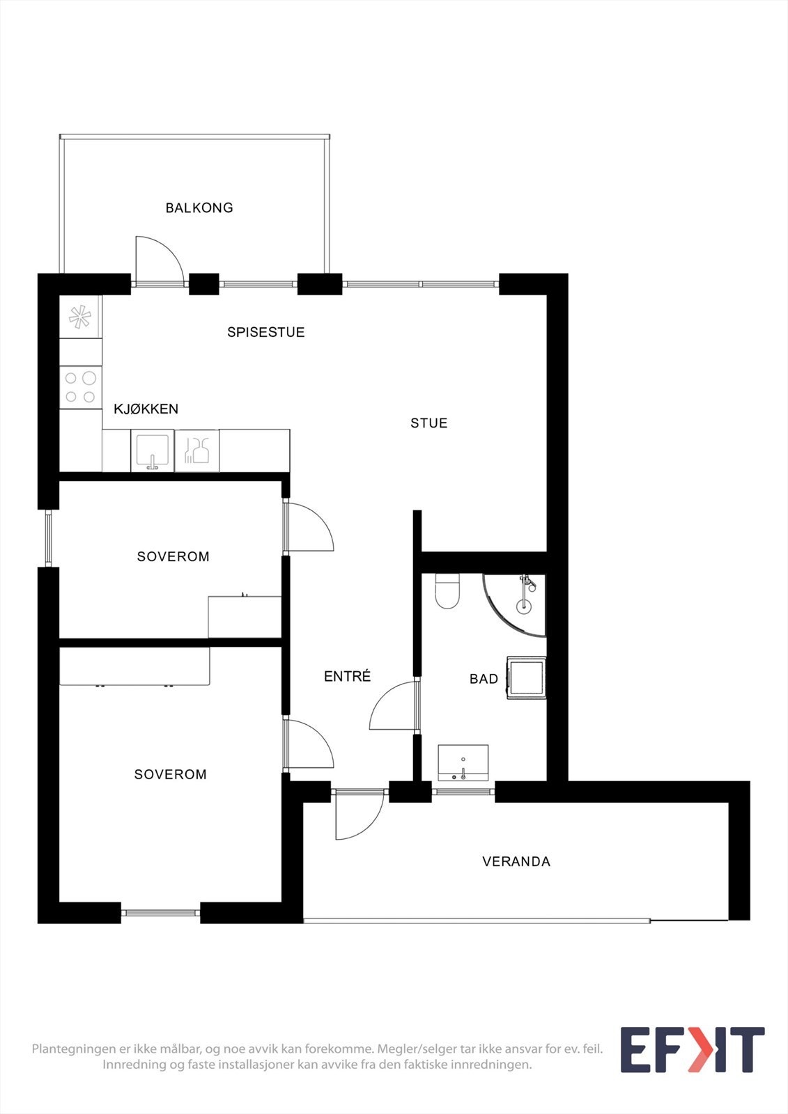 En arealeffektiv planløsning på 49 m² med åpen stue- og kjøkkenløsning, to soverom og adkomst til bad fra entréen. Galleribilde