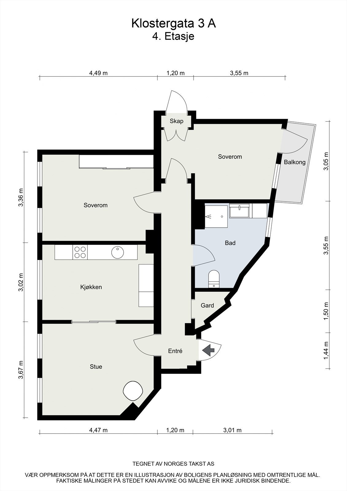Leiligheten ligger i 4. etasje og inneholder entré, gang med garderobe, bad, stue, kjøkken, 2 soverom - ett med utgang til balkong. I tillegg disponerer boligen én kjellerbod. Galleribilde