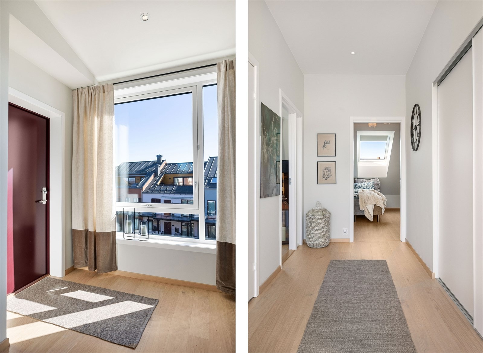 Fra entrèen er det direkte adkomst til hjerte av leiligheten, nemlig stuen og kjøkkenet som ligger i åpen løsning. Galleribilde