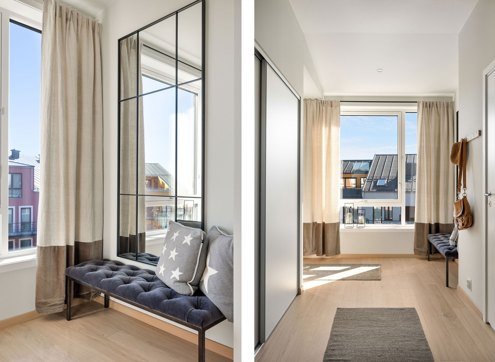 Den romslige entréen gir et innbydende førsteinntrykk med god plass til oppbevaring av yttertøy og sko i skyvedørsgarderobe. Galleribilde