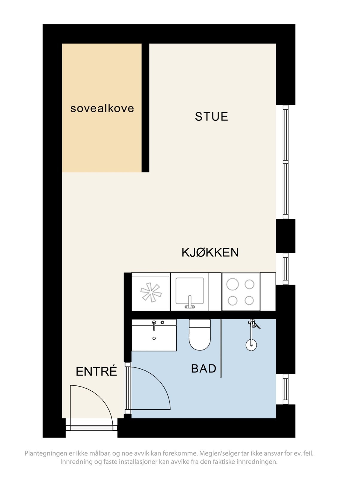 En arealeffektiv planløsning på 20 m² (BRA-i) med åpen stue- og kjøkkenløsning og en praktisk sovealkove. Galleribilde