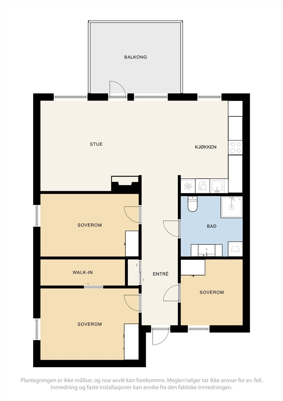 Planløsningen fordeler leilighetens 84 m² (BRA-i) på en entré, tre soverom, bad og en åpen stue- og kjøkkenløsning. I tillegg kommer et teknisk rom/bod. Galleribilde
