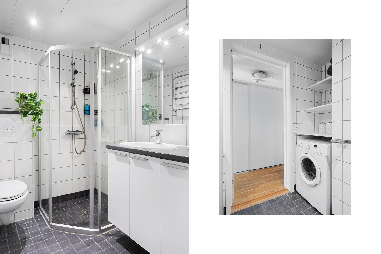 Badet har komfortabel gulvvarme, elektrisk håndkletørker og ventilasjon via mekanisk avtrekk. Galleribilde