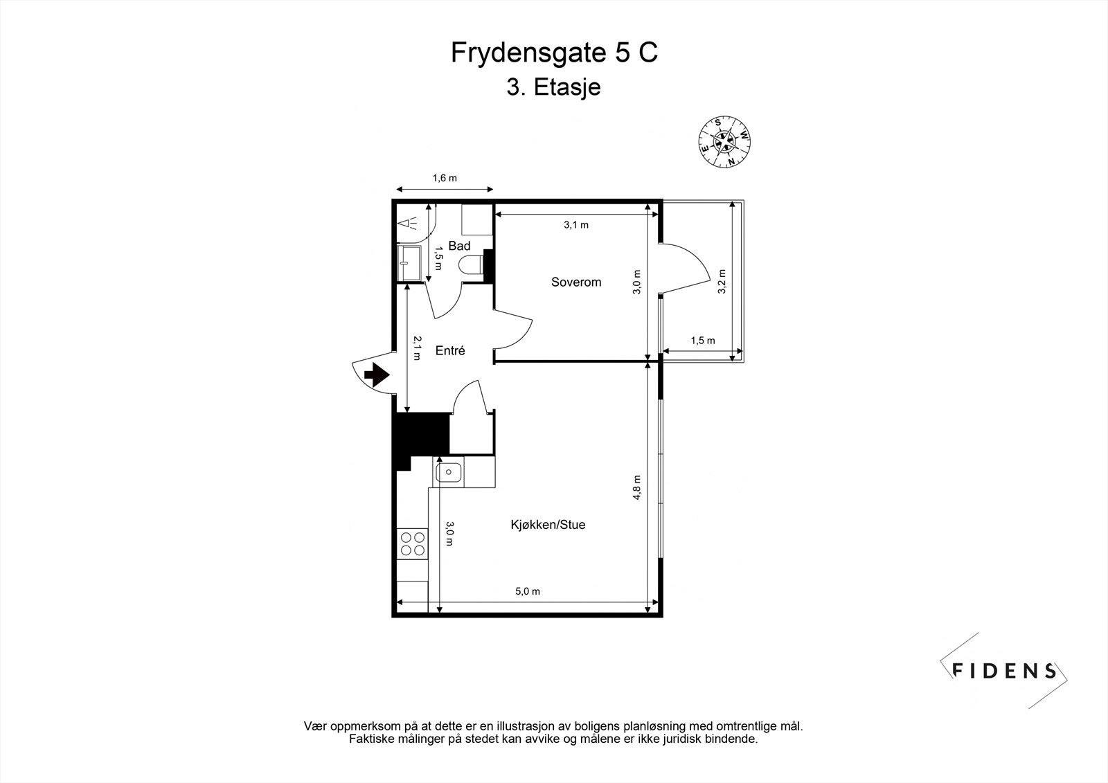 Leiligheten har en svært arealeffektiv planløsning og inneholder: entré, stue/kjøkken, bad, soverom og balkong. Galleribilde