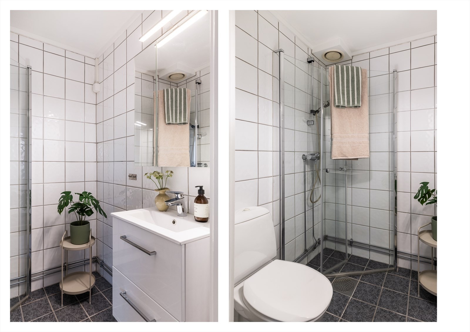 Badet har overflater med flislagte overflater og gulvvarme. Innredning og garnityr på badet består av toalett, dusjhjørne med inn-utadslående dusjvegger og baderomsmøbel med skuffer, servant med ettgrepsblandebatteri og speil med belysning. Galleribilde