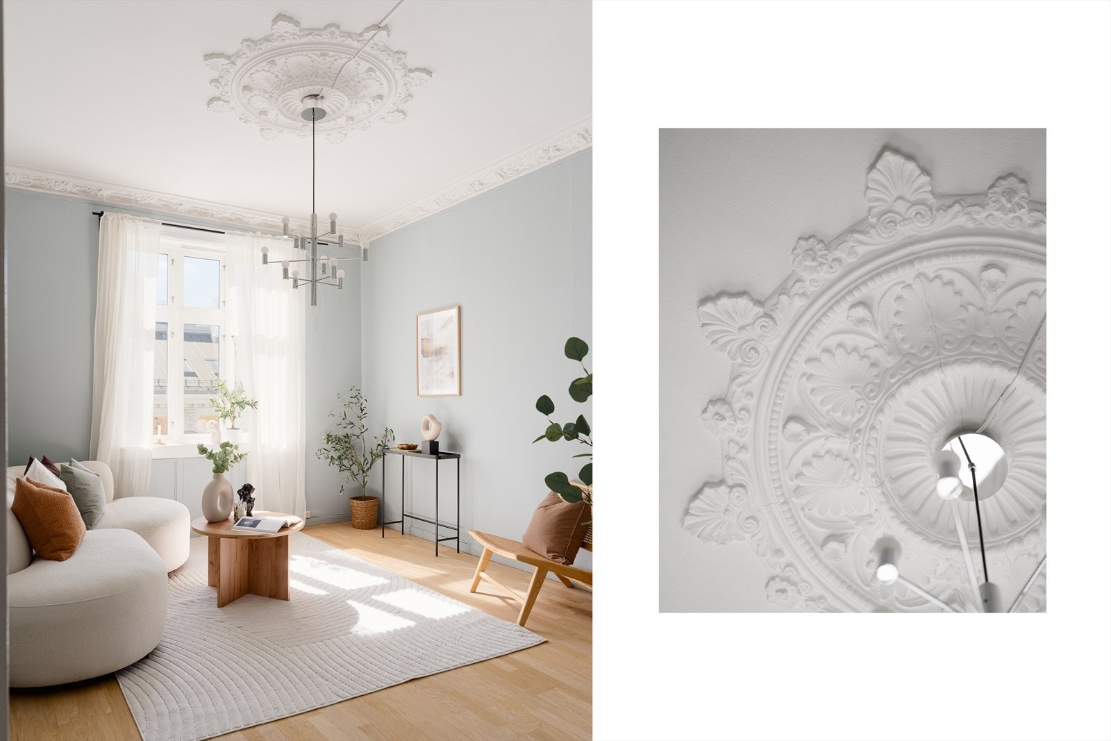 Stuen har vakre klassiske detaljer som stukkatur og rosett i taket, og en god takhøyde på 2,91 meter. Galleribilde
