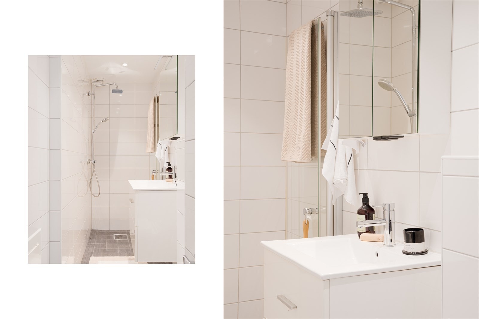 Badet er innredet med servant med skuffeseksjoner, skap med speil fronter, vegghengt toalett og dusjsone med dusjvegg. Galleribilde