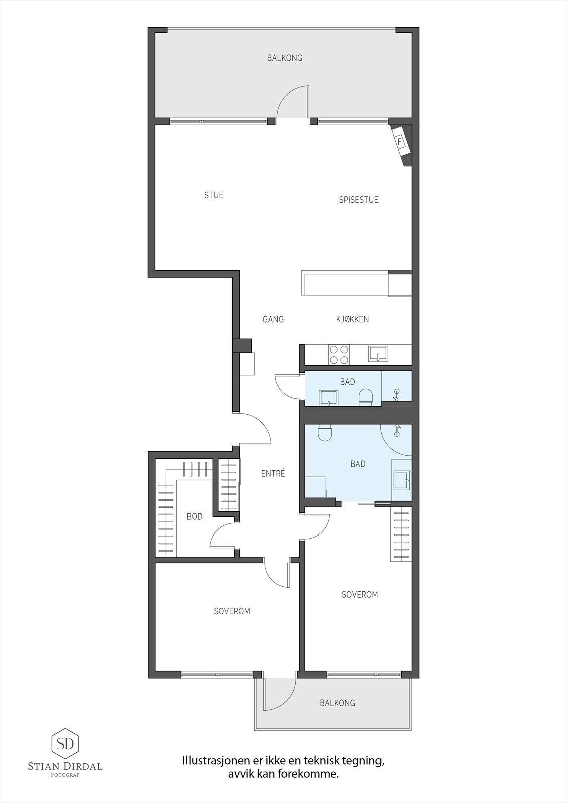 Leiligheten har en effektiv planløsning med to soverom, to bad og to balkonger, samt en praktisk bod i kjelleren på 5 m². Galleribilde