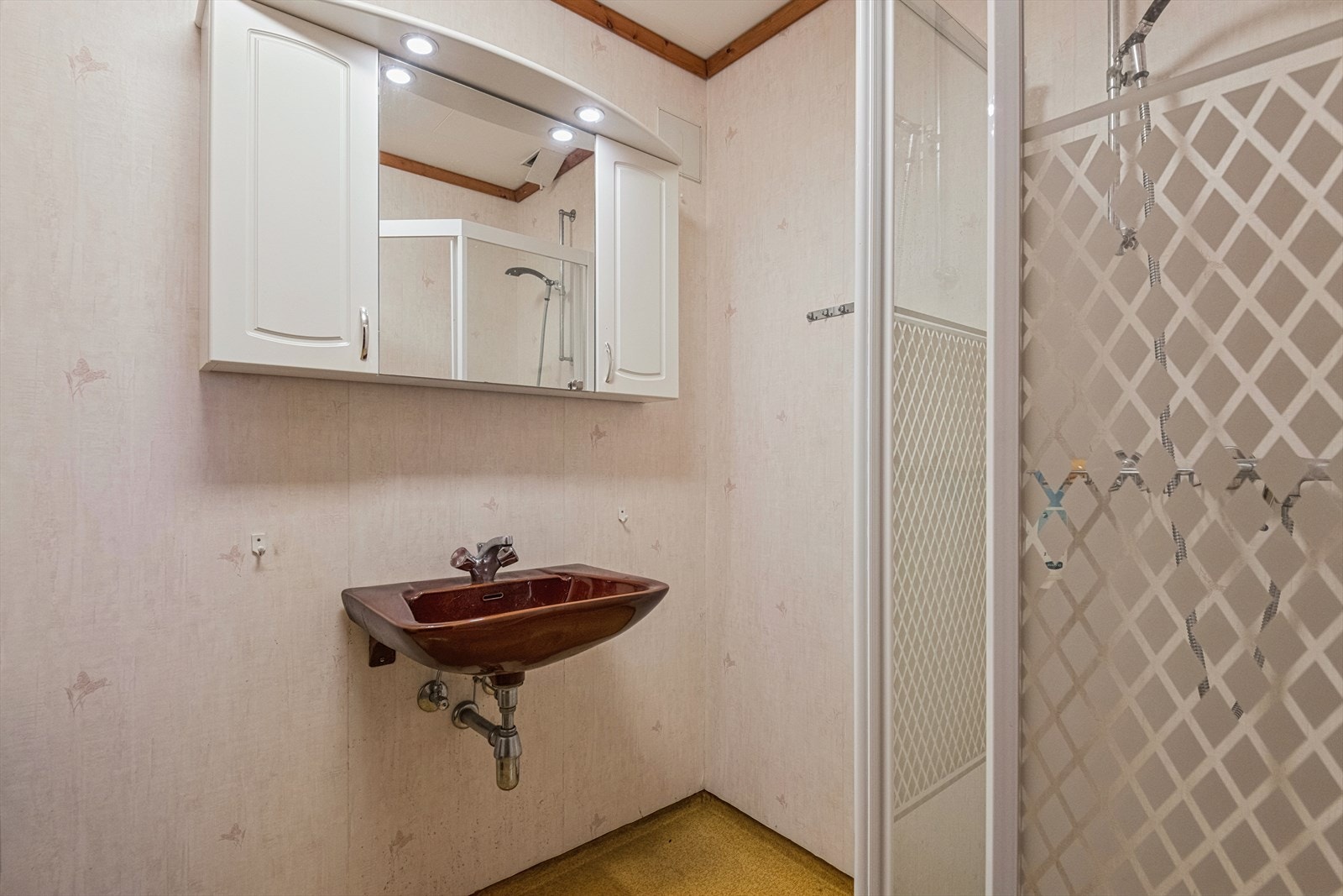 Badet i kjelleren er utstyrt med servant, toalett og dusjhjørne. Galleribilde