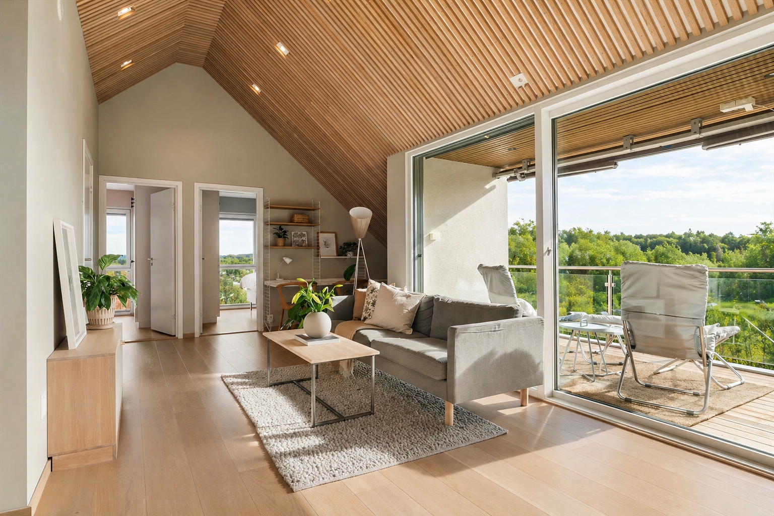 Fra loftstuen er det utgang til en terrasse på 15 m². (AI-redigert fra vår til sommerbilde) Galleribilde