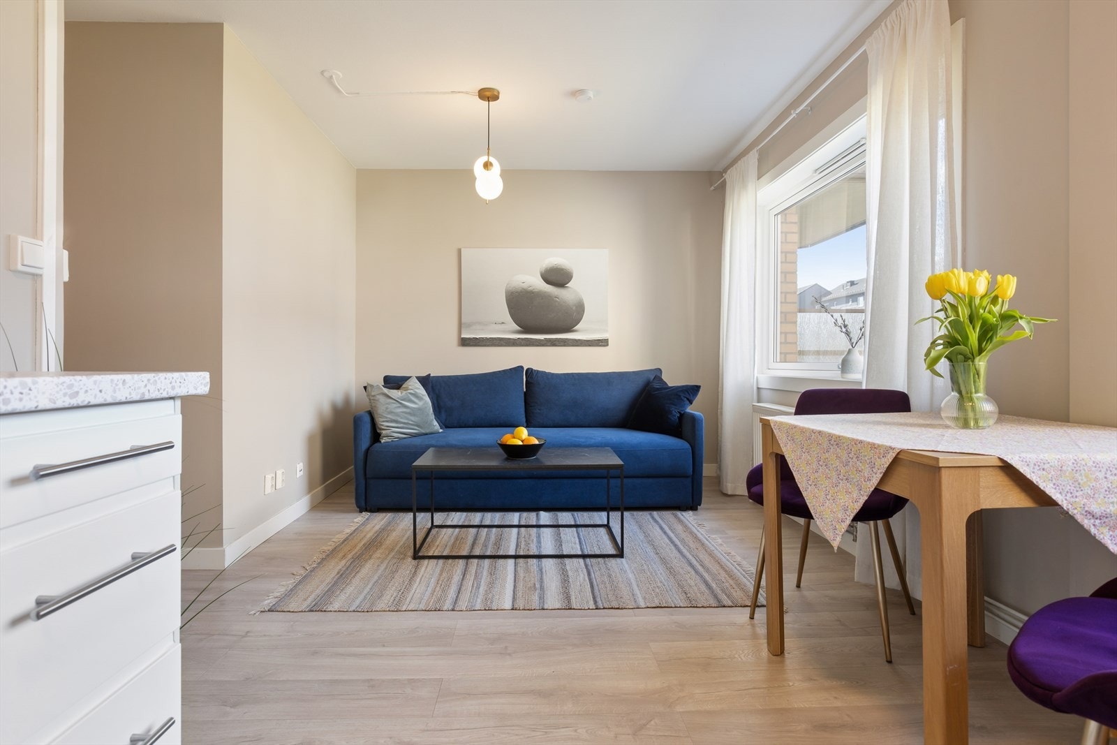 Det er moderne laminat på gulv og malte glatte flater i tidsriktige fargetoner på vegg. Galleribilde