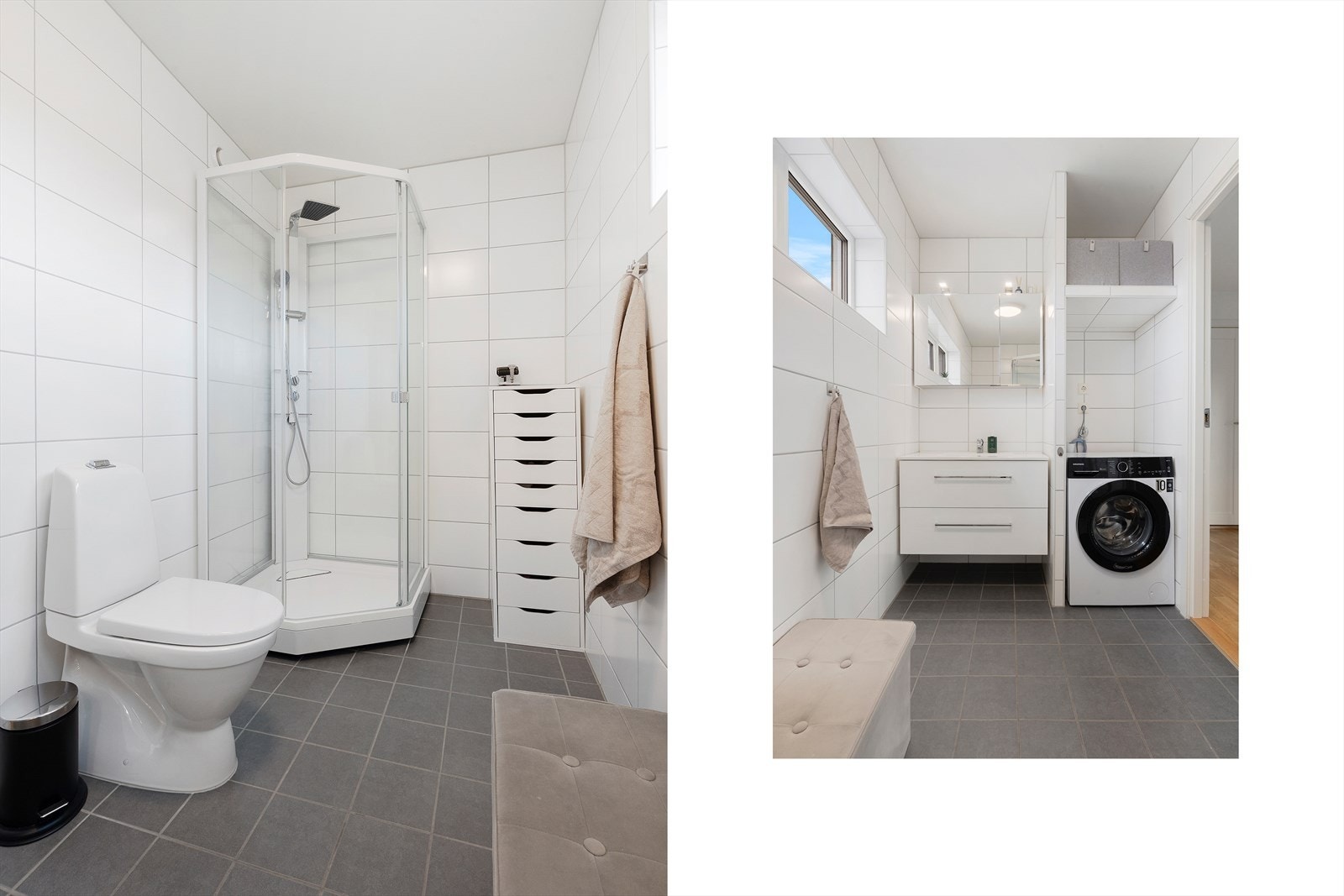 Badet i 2.etasje ligger i praktisk tilknytning til soveormmene. Innredningen er hvit med nedfelt servant med rom for oppbevaring i skuffeseksjon og speil. Videre er badet innredet med vegghengt toalett og dusjkabinett. Rommet har opplegg for vaskemaskin. Galleribilde