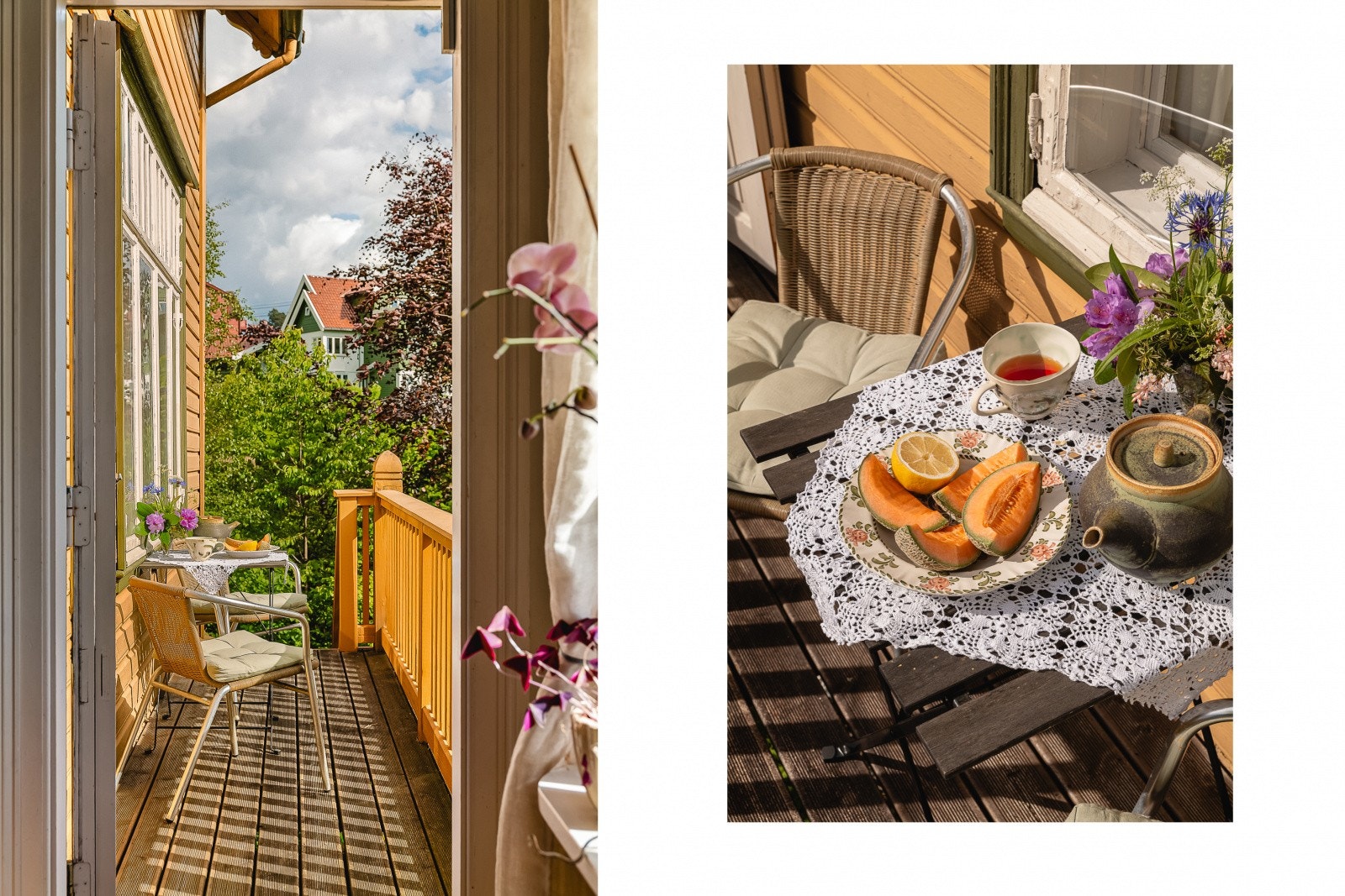 Veranda har plass til en liten sittegruppe og gir en fin overgang til hagen. Galleribilde