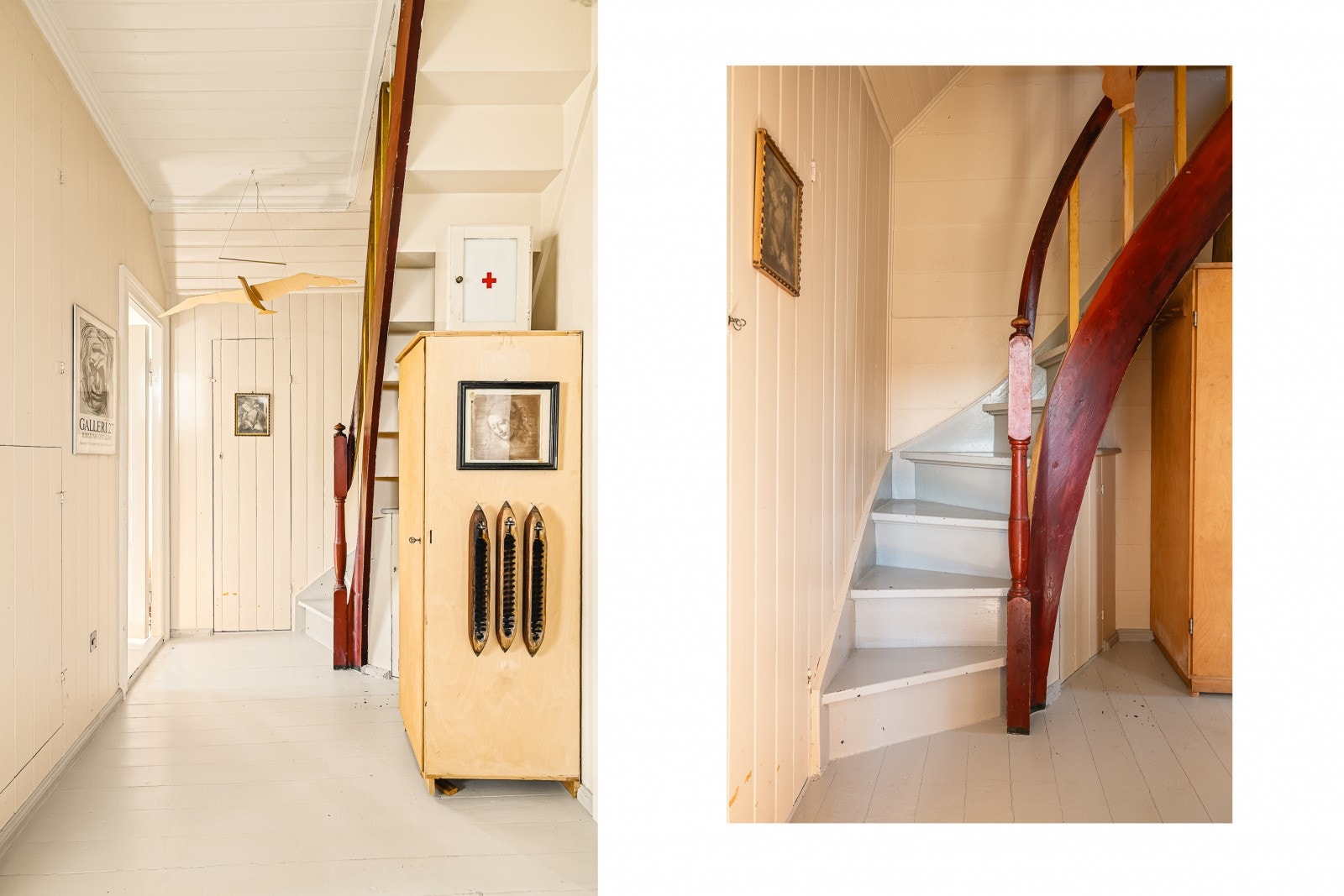 Den originale, lukkede heltretrappen binder etasjene sammen på en elegant måte. Galleribilde