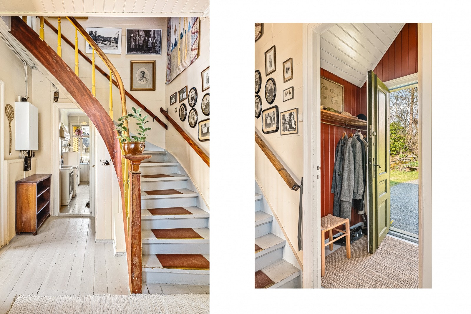 Hallen ønsker velkommen med originalt tregulv og en flott, buet trapp som leder opp til andre etasje. Galleribilde