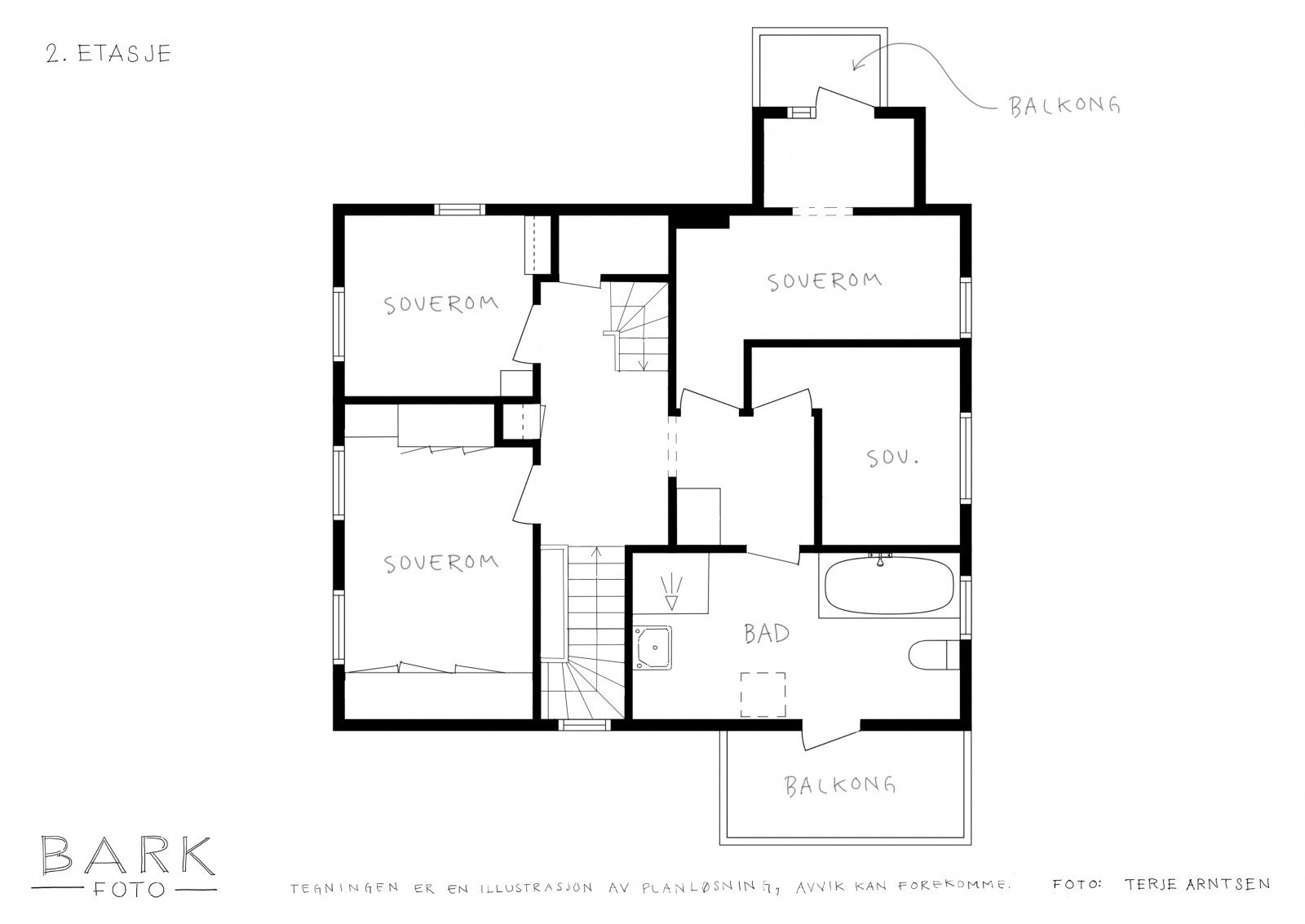 Andre etasje rommer fire soverom og et kombinert bad og vaskerom. Galleribilde