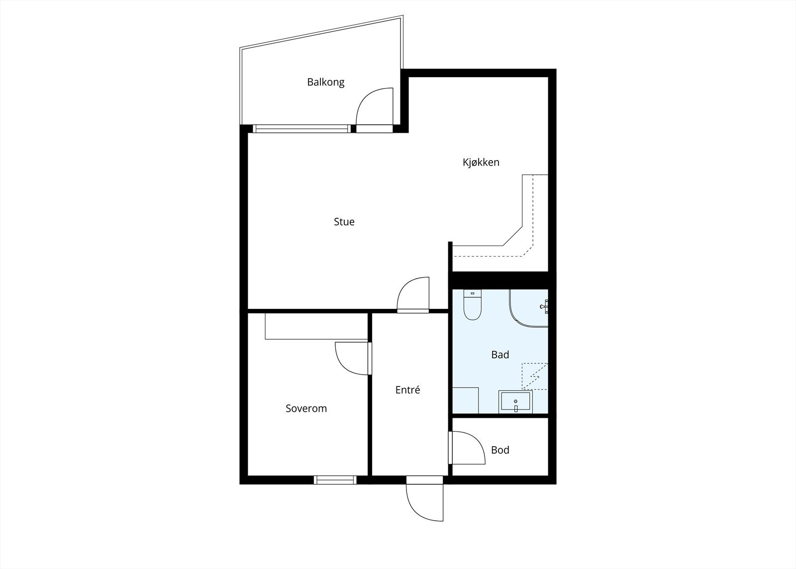 Leiligheten har en gjennomtenkt planløsning som fordeler seg på entré, soverom, bad, innvendig bod og en åpen sone for stue og kjøkken. Galleribilde