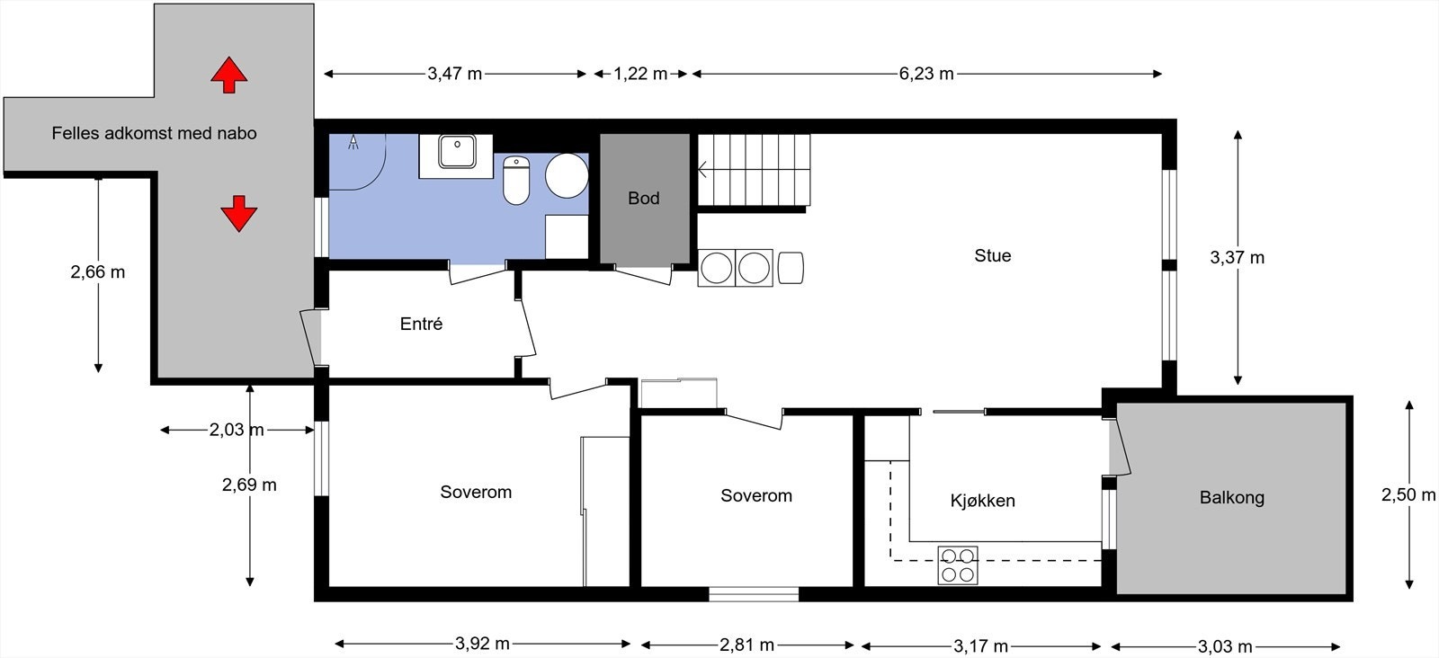 Plantegning fra takstmann. Leiligheten inneholder entré, stue, kjøkken, to soverom, bod og bad. Utvendig bod for lagring. Galleribilde