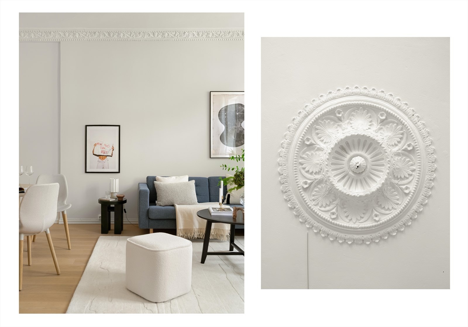 Himlingen i stuen er elegant utsmykket med en lekker original rosett. Galleribilde
