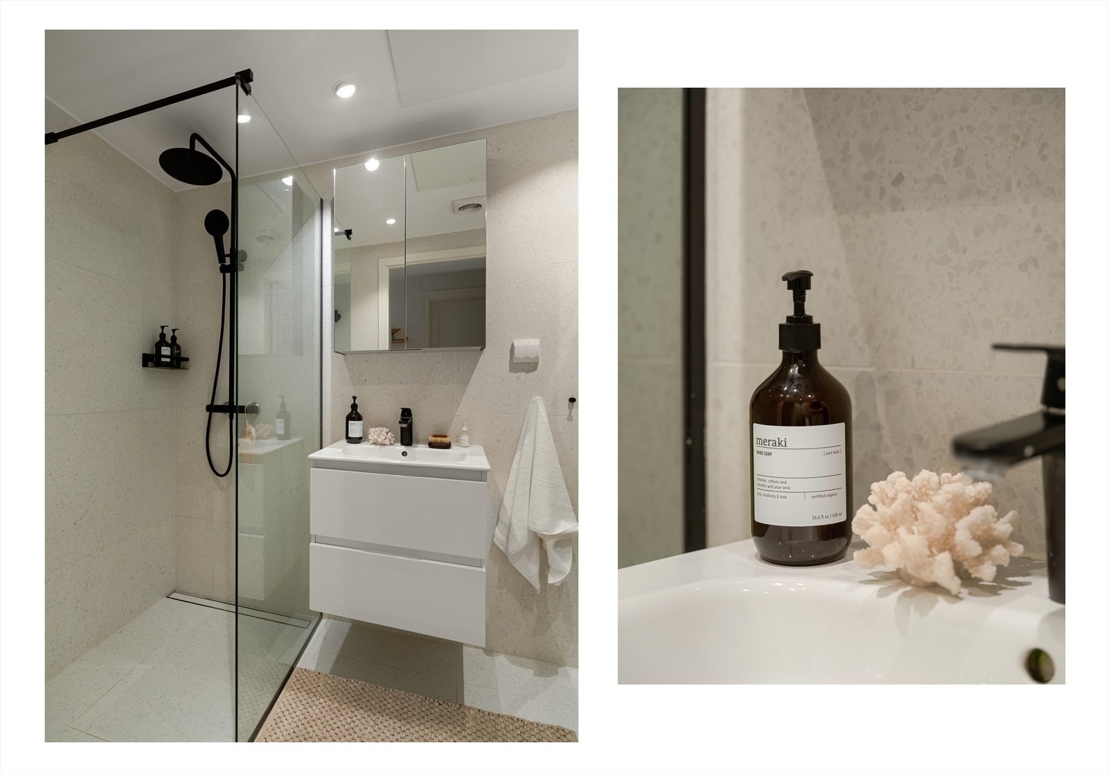 Badet er utstyrt med vegghengt toalett og servantinnredning med speilskap. Galleribilde