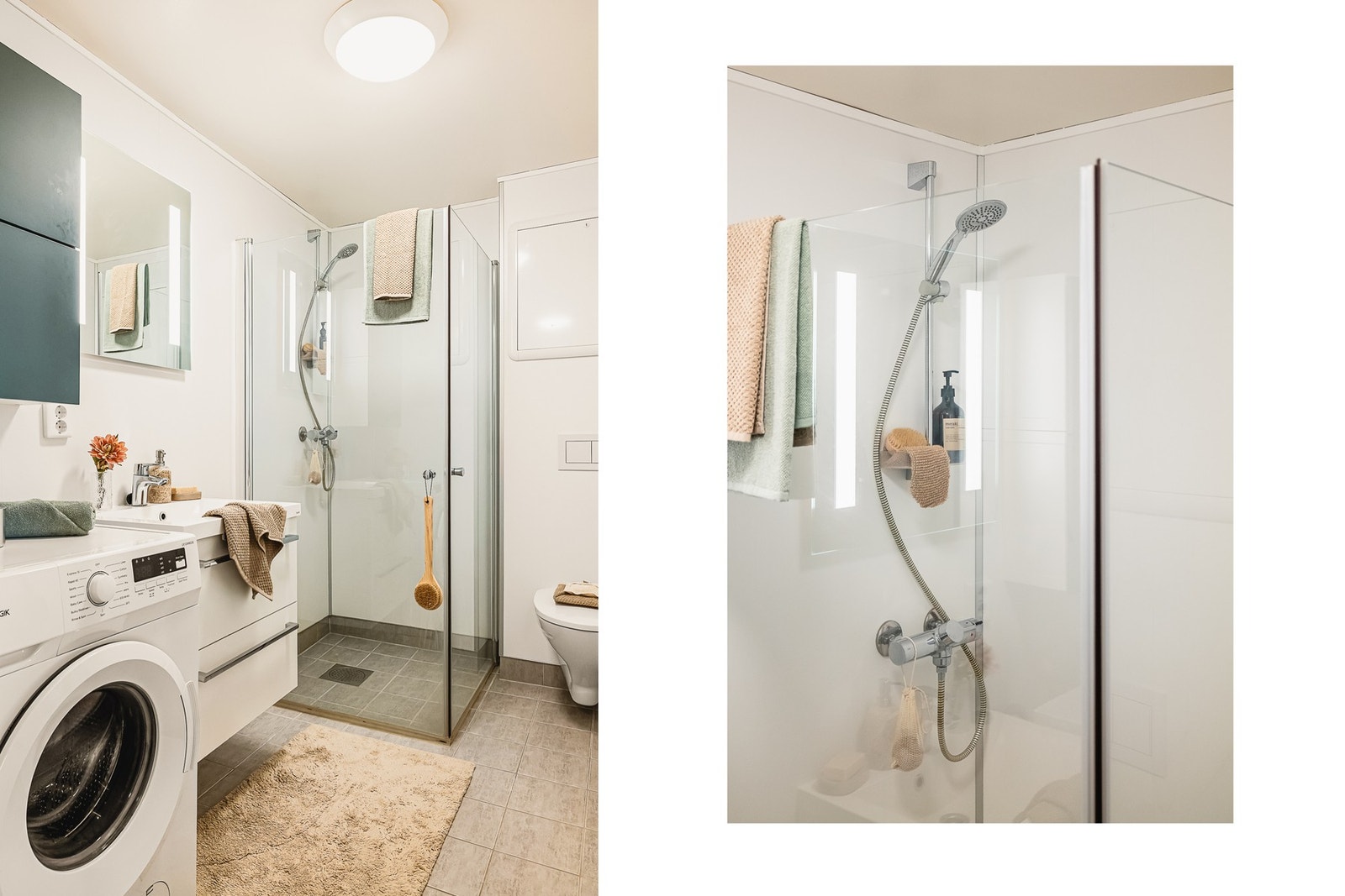 Badet inneholder innredning med servant, dusjhjørne, toalett, spel og belysning. Det er opplegg for vaskemaskin Galleribilde