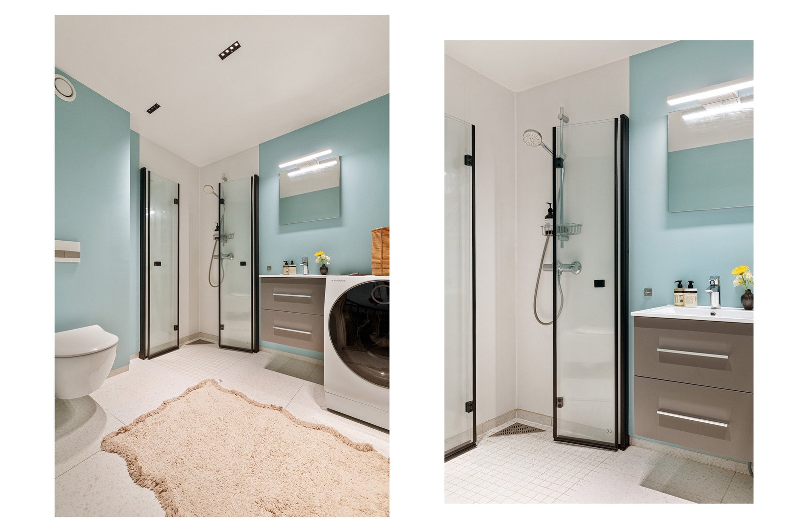 På badet er det en fin dusjløsning, moderne innredning og opplegg for vaskemaskin. Galleribilde