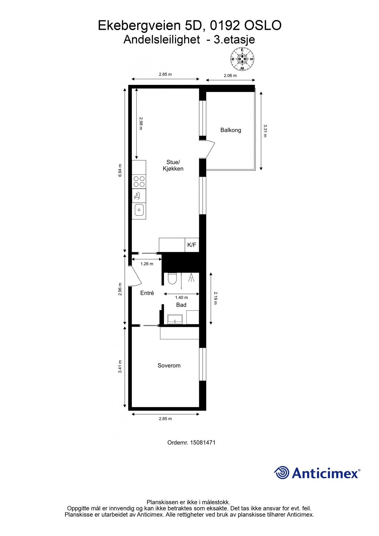 Plantegning 3. etasje. I tillegg disponerer leiligheten en kjellerbod på 4m². Galleribilde