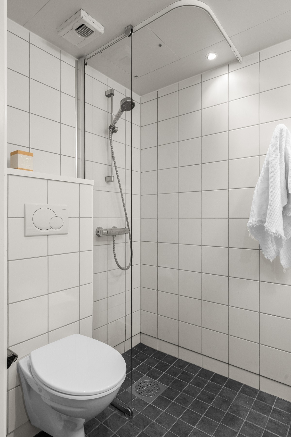 Baderommet er også utstyrt med dusjhjørne med glassvegg og vegghengt toalett. Galleribilde