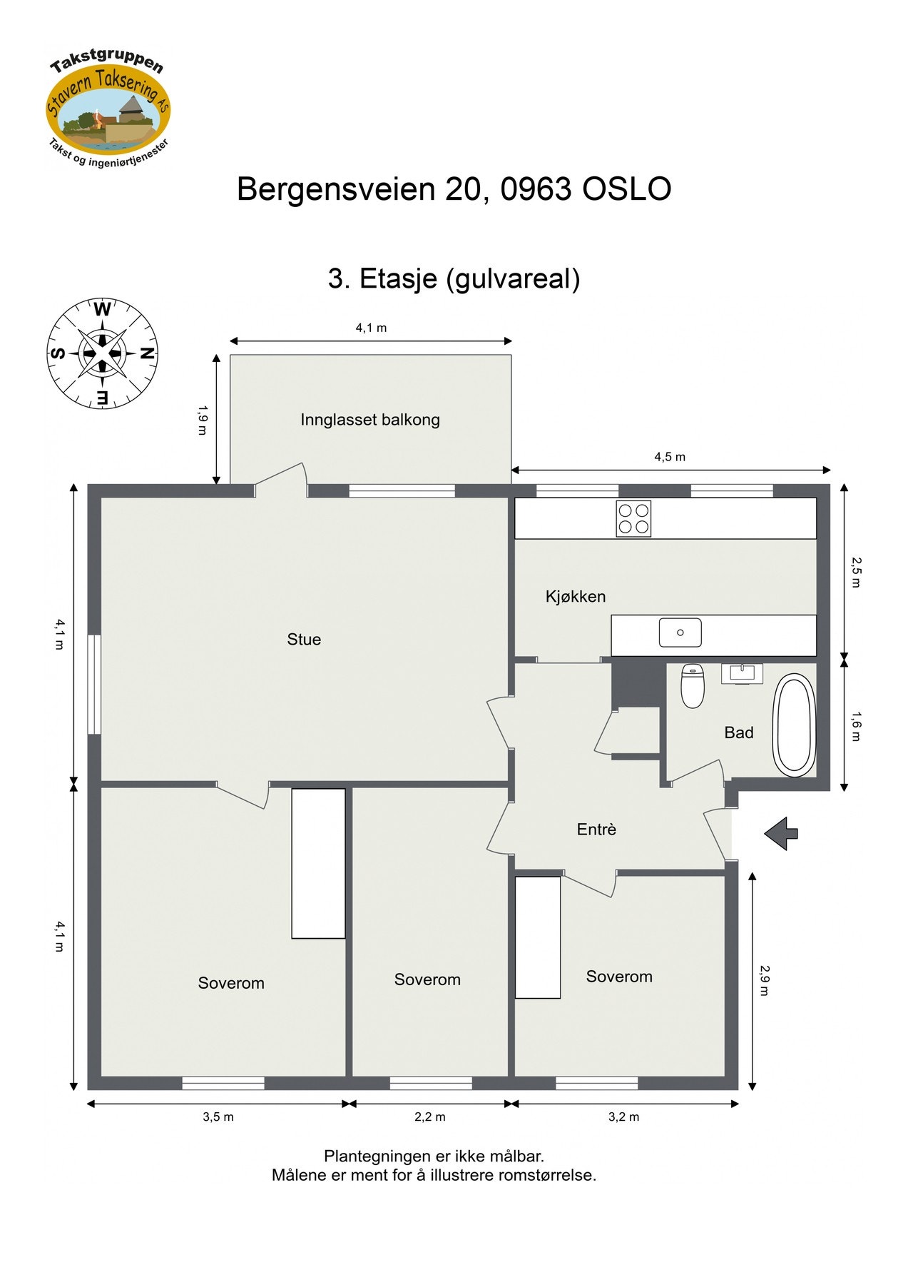 Målsatt plantegning. I tillegg disponerer leiligheten kjeller- og loftsbod på til sammen 7m2. Galleribilde