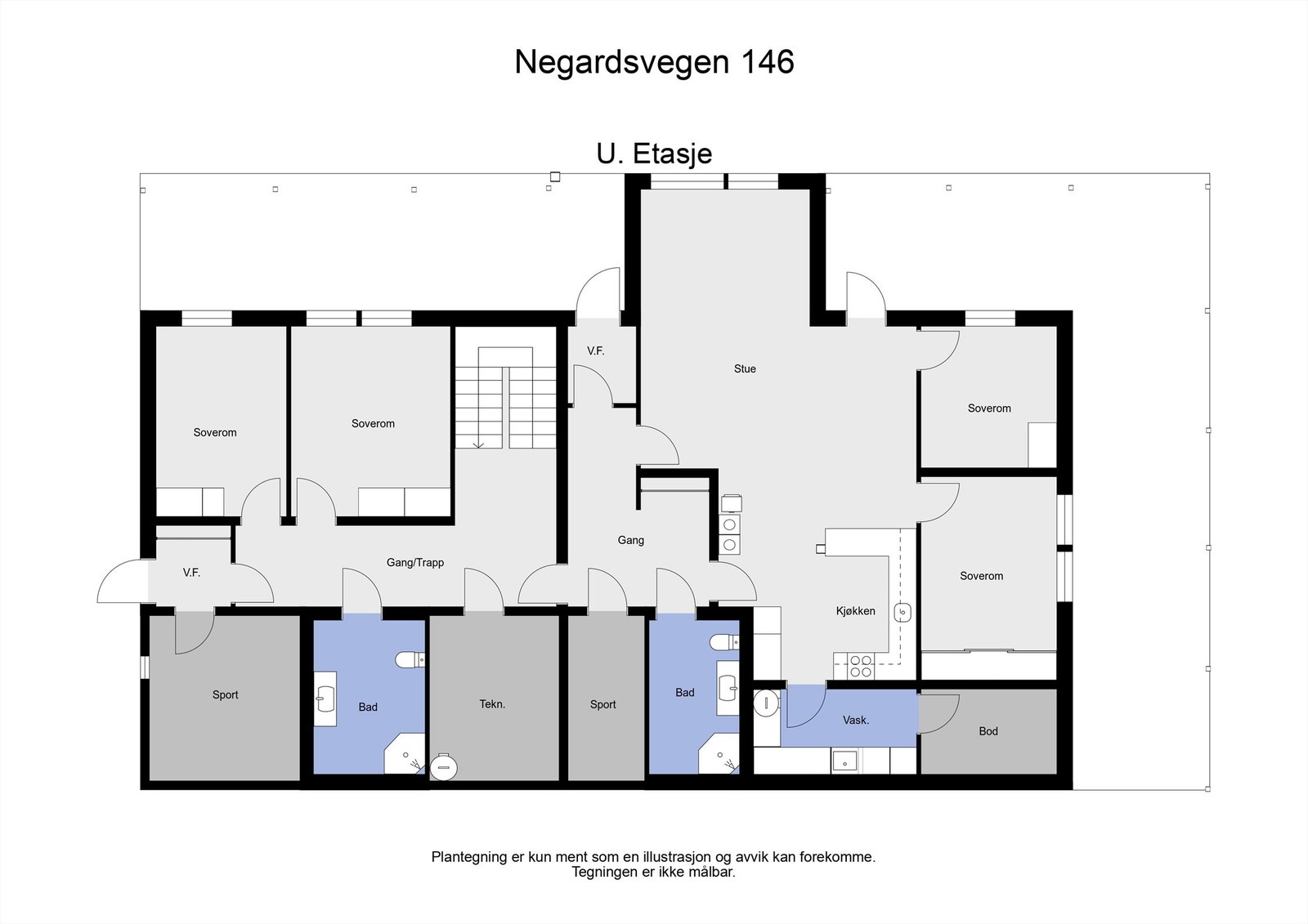 Underetasjen er innredet som en separat leilighet med egen inngang, stue, kjøkken og flere rom. Galleribilde
