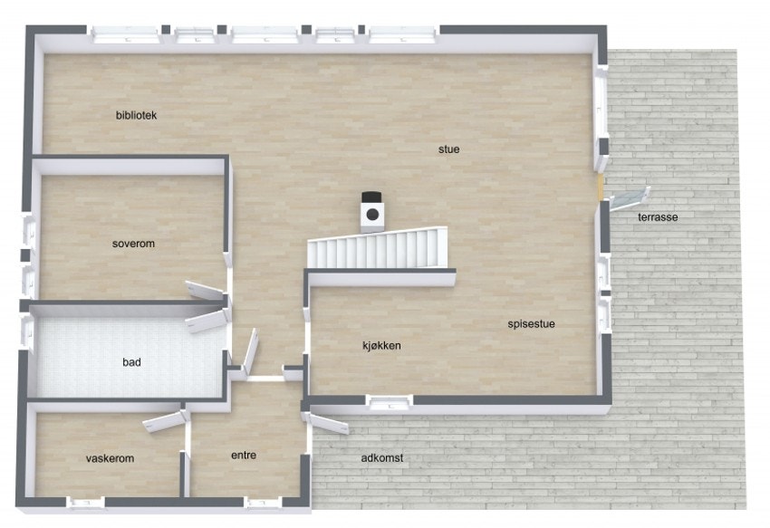 1.etg. byr på vindfang, vaskerom, bad, soverom, kjøkken og stue. Galleribilde