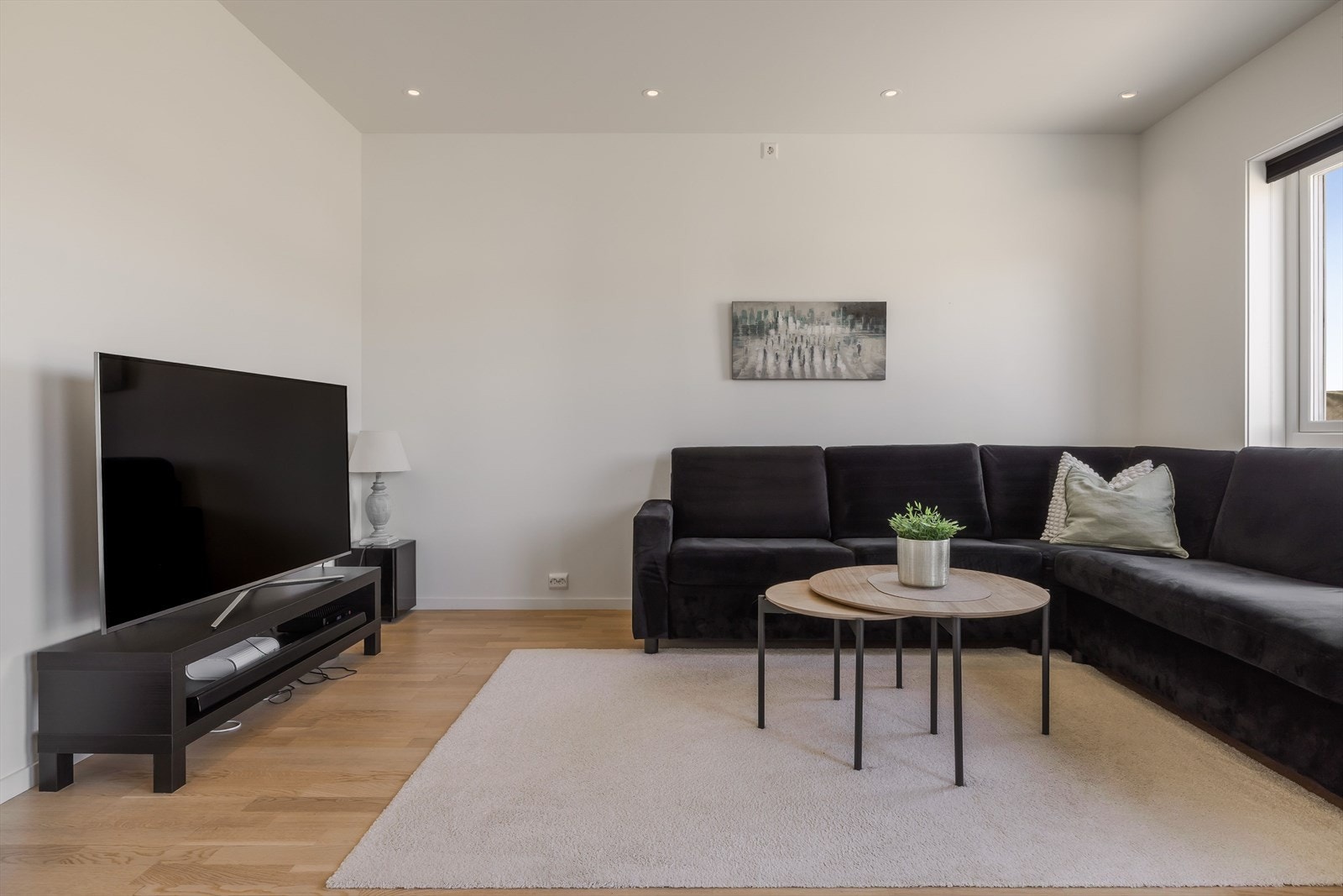 Det er plass til TV-benk i stua. Galleribilde