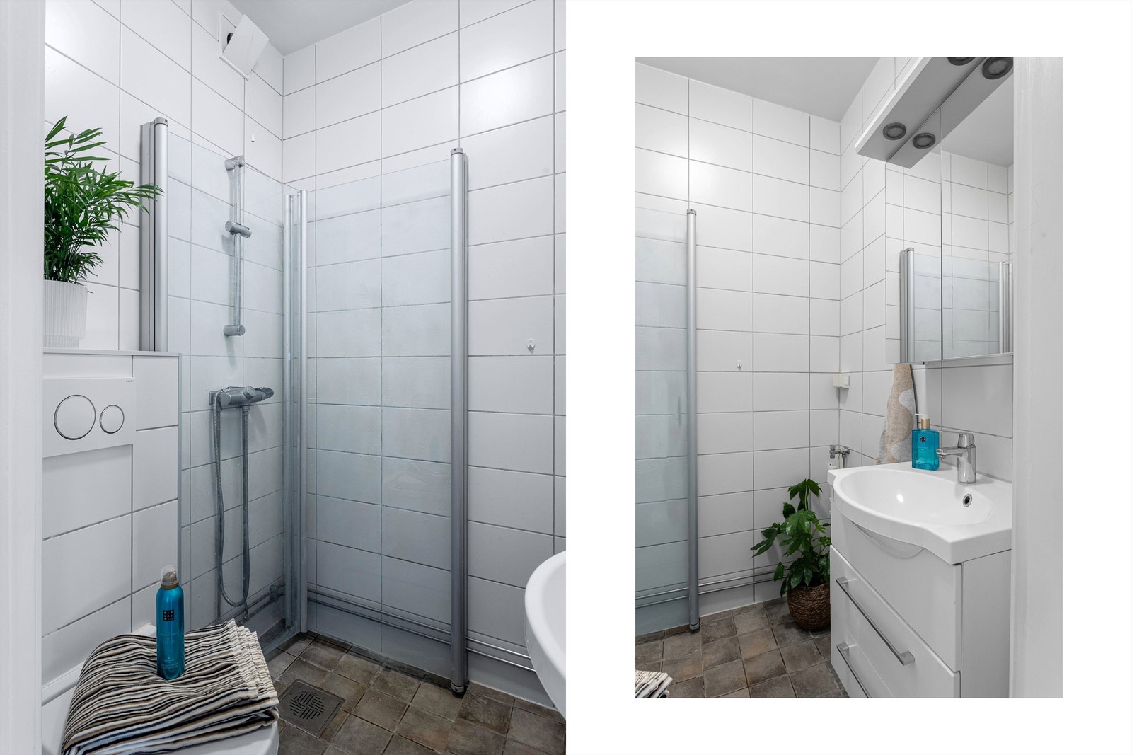 Baderommet er utstyrt med skapinnredning med heldekkende servant og speilskap med belysning og stikkontakt. Videre er badet utstyrt med vegghengt toalett og dusjhjørne. Opplegg til vaskemaskin. Galleribilde
