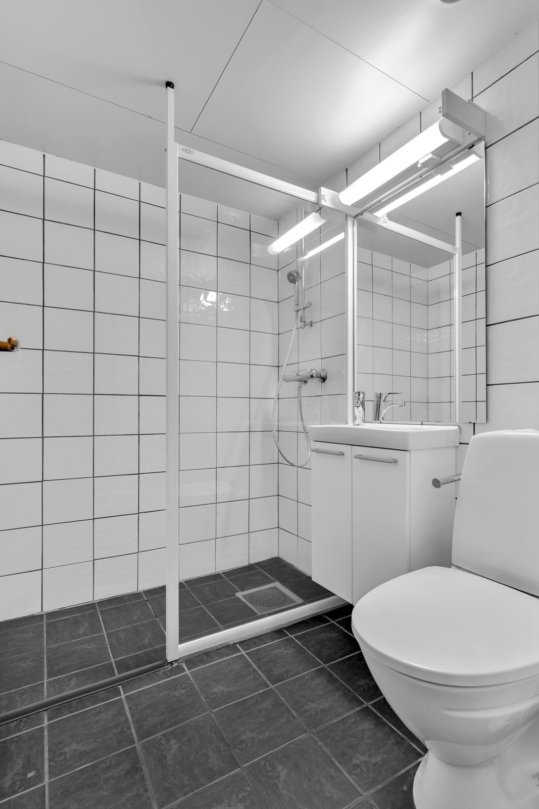 Flislagt bad med enkel baderomsinnredning, toalett og dusjnisje. Galleribilde