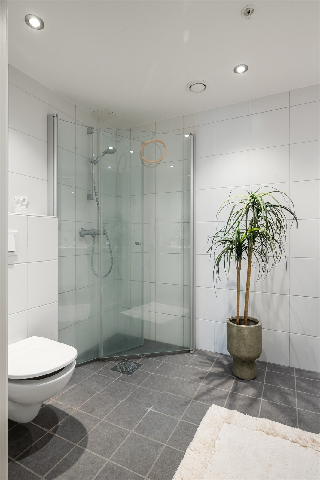 Gulvet er flislagt med varme, veggene er flislagte, og himlingen er malt med downlights som gir en moderne og funksjonell finish. Galleribilde