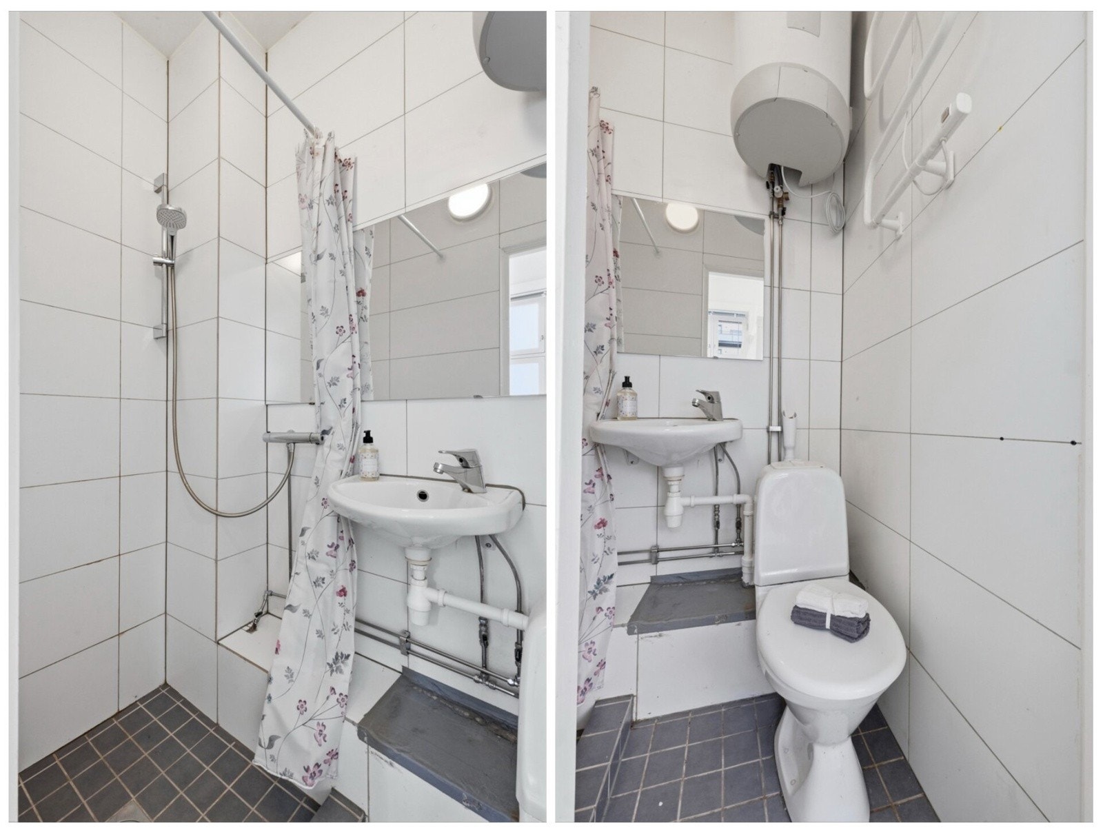 Badet holder en gjennomgående, tidløs standard med flislagte flater i nøytrale farger. Galleribilde