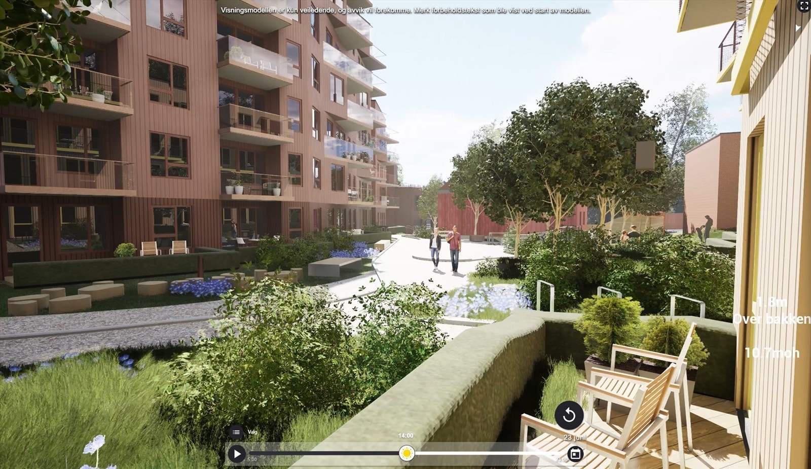 Illustrasjon hentet fra utbyggers simulator. Utsyn fra den sørøstvendte markterrassen på ca. 7 m². Se utbyggers interaktive simulator (lenke i finn-annonse / prosjektets hjemmeside). Avvik kan forekomme. Galleribilde