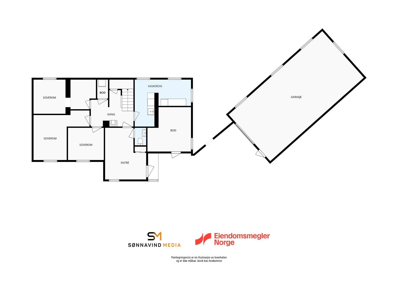 Plantegning 1. etasje (2 soverom er ikke godkjente) Galleribilde