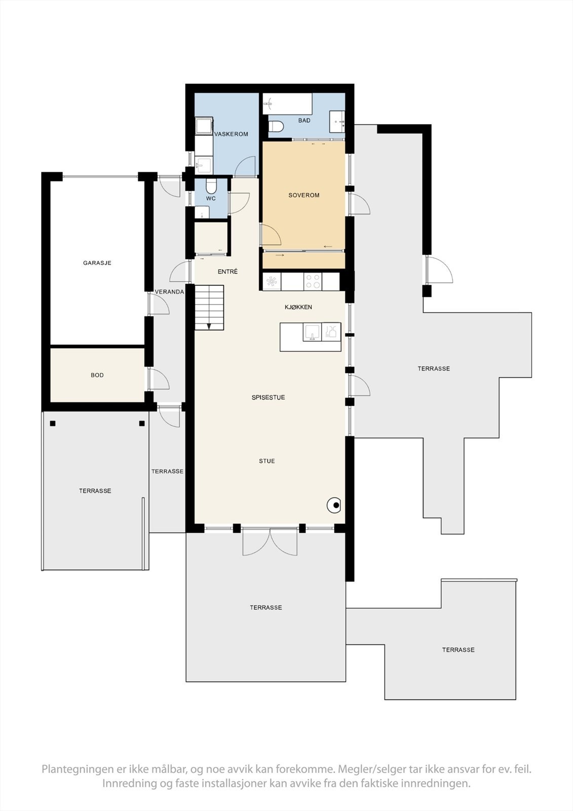 1. etg har en sosial og åpen planløsning med stue, kjøkken, soverom med eget bad, og utg. til terrasser. Galleribilde