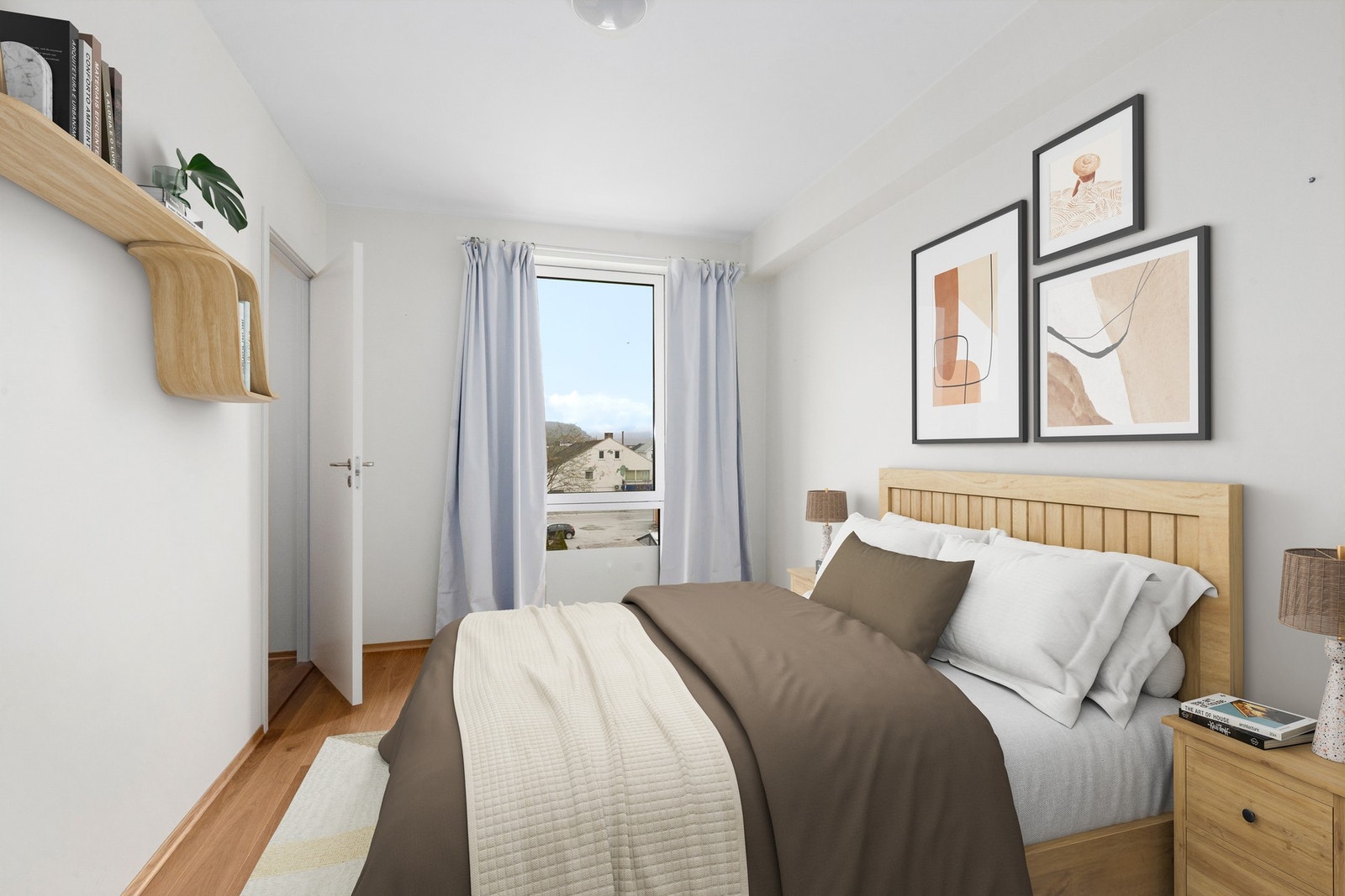 Leiligheten har 2 romslige soverom innredet med garderobeskap - Hovedsoverom på 12 kvm med påfølgende bod/garderobe. (Dette bildet har digital styling). Galleribilde