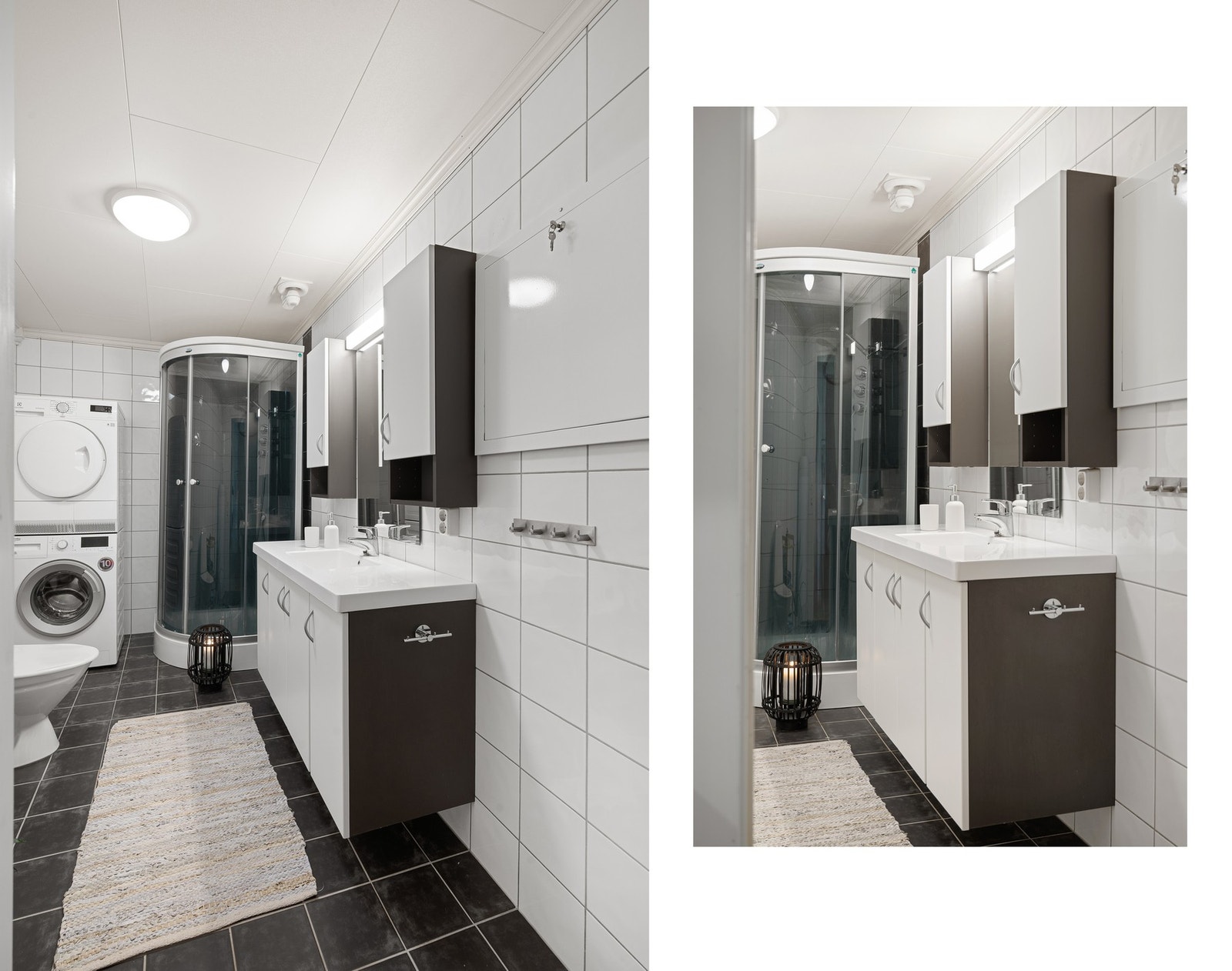 Badet inneholder baderomsinnredning, dusjkabinett, toalett og røropplegg og plass til vaskemaskin og tørketrommel Galleribilde