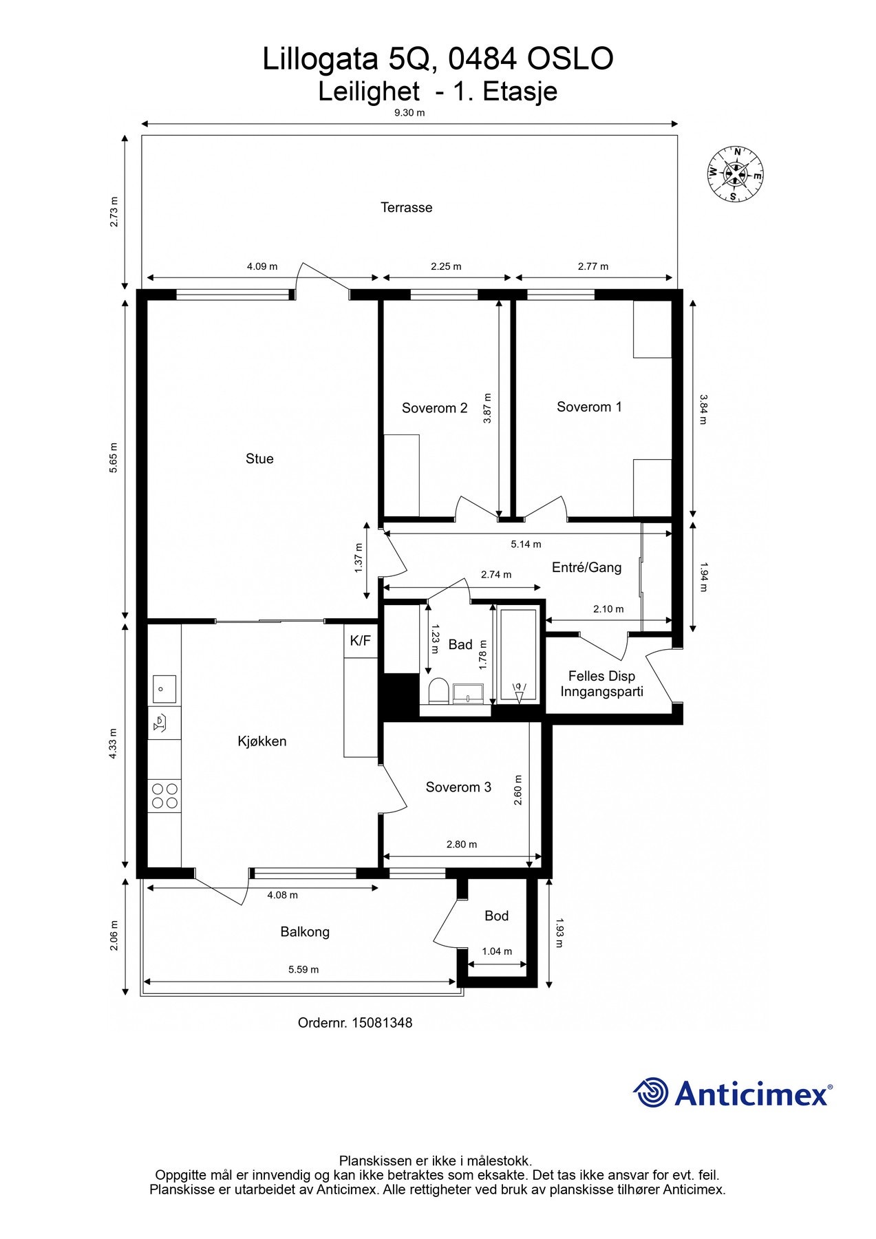 Plantegning. I tillegg disponerer leiligheten en garasjeplass med elbil-lader i felles garasjeanlegg, samt en kjellerbod på ca. 6m². Heis i bygget. Galleribilde